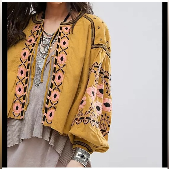 Anthropologie RD +Koko Plussize Embroidered Boho Puff Sleeve TieFront Jacket Top - Picture 3 of 10
